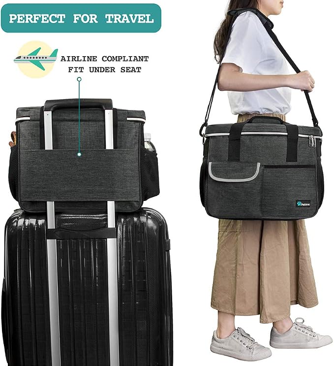 PetAmi Dog Travel Bag Organizer, Pet Travel Kit with 2 Food Containers & 2 Collapsible Dog Bowls, Pet Supplies Tote with Luggage Sleeve, Weekend Road Trip Camping Essentials, Dark Gray, Medium