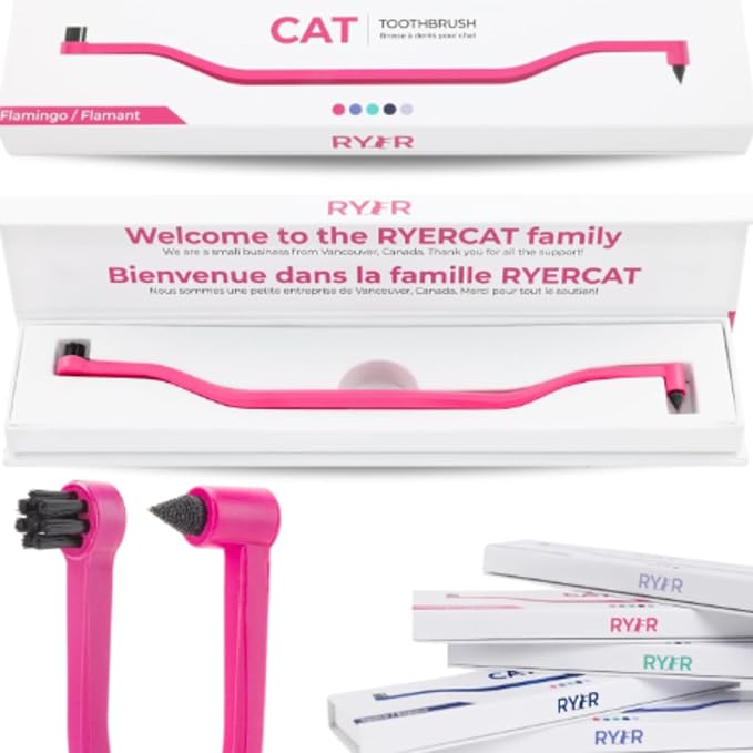 Flamingo Dual Sided Cat Toothbrush - Micro Head ToothBrush to fit into Cat's Mouth - Cat Dental Supplies | Cat toothbrush made from cornstarch plastic with micro head, soft bristles, and molar pick for cats and kittens