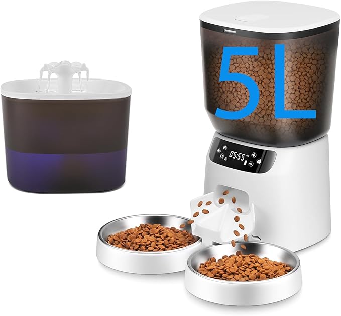Automatic Cat Feeder and Water Fountain, 5L/20 Cups Timed Cat Dry Food Dispenser, 10s Meal Call, 20 Portions 6 Meals Per Day, 2L Cats Fountains for Drinking with Filter, Pet Feeder for Dog White