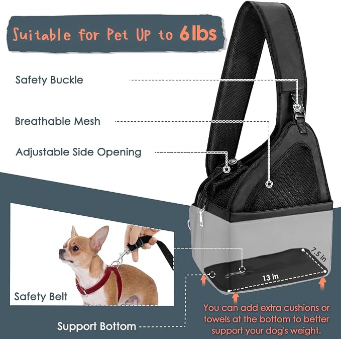 SlowTon Pet Dog Sling Carrier, Hands Free Hard Bottom Papoose Small Animal Puppy Up to 11 lbs Travel Bag Tote Breathable Mesh Support Adjustable Padded Strap Pocket Safety Belt Machine Washable