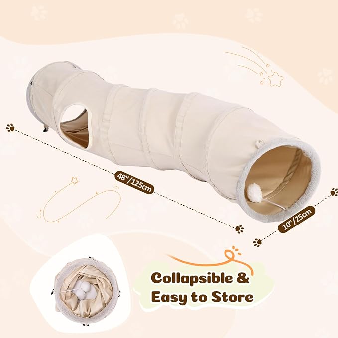 Ownpets S-Shape Cat Tunnel Toy 48"L x 10"D, for Cats, Puppies & Small Pets | Collapsible for storage, tear-resistant oxford fabric, connects to other tunnel, with peek hole, feather wand, indoor/outdoor