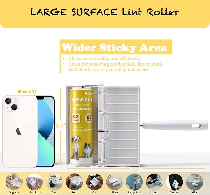 Lint Roller 6.3" with Self-Storing Cover, 240 Sheets Extra Sticky | 4 refills. Self-storing dust cover, Store anywhere – no mess. Picks pet hair, dust, debris from sofas, bedding, carpets, car.