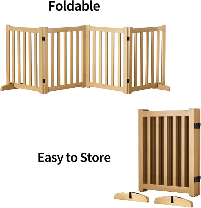 Wooden Freestanding Foldable Dog Gate, 24 Inch Height 4 Panel Pet Gate No Drill for Doorways Stairs, Fully Assembled Indoor Puppy Fence (Wood Color, 80" W x 24" H)