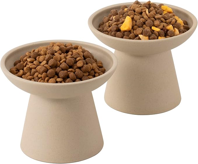 CEEFU 2-Pack Extra Wide Elevated Ceramic 6.2" Shallow Cat Food Bowls | Cat Dish for Whisker Fatigue Relief, 5" Height for Easy Feeding, Durable Raised, Pottery Clay (Not Glazed)