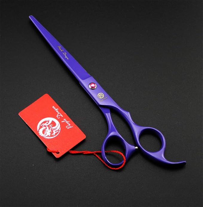 Purple Dragon 7.0 inch Dog Grooming Scissors Set with Silencer - Violet | 4PCS Pet Grooming Shears Kit with Straight, Curved, Thinning Blade, Comfortable Grip, Japanese 440C Steel, Gift for Groomers