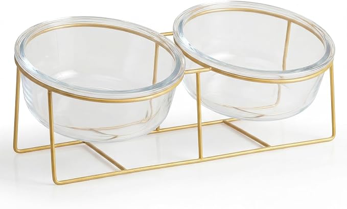 Elevated Dog Bowl Set of 2 - Double Glass Bowls with Gold Iron Stand - Raised Dishes Comfortable Feeding - Ideal for Small to Medium Sized Dogs
