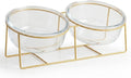 Elevated Dog Bowl Set of 2 - Double Glass Bowls with Gold Iron Stand - Raised Dishes Comfortable Feeding - Ideal for Small to Medium Sized Dogs