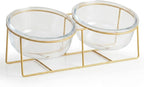 Elevated Dog Bowl Set of 2 - Double Glass Bowls with Gold Iron Stand - Raised Dishes Comfortable Feeding - Ideal for Small to Medium Sized Dogs