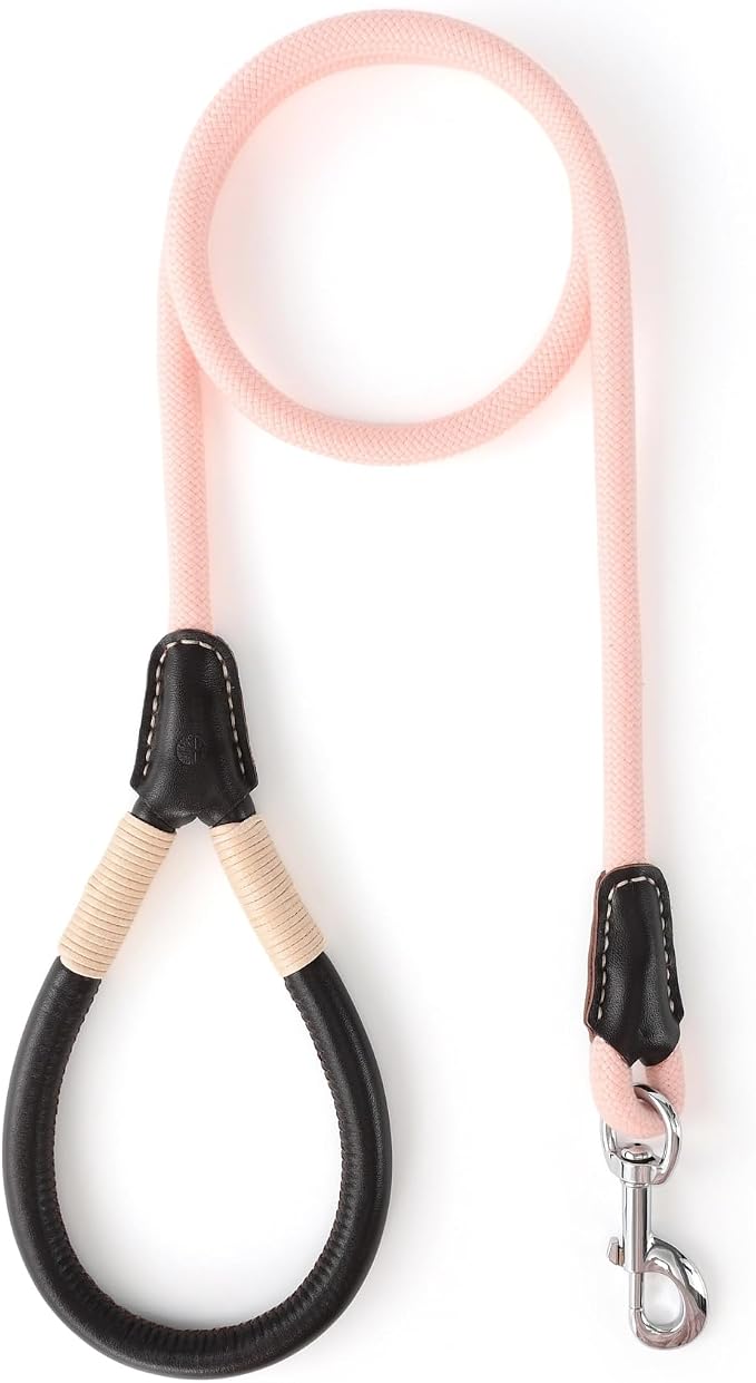 Mile High Life Pink Dog Leash with Genuine Leather Handle, 4/5/6 FT | Rope Leash, Heavy Duty 360° Swivel Metal Clasp, for Small Medium & Large Dogs (Light Pink, 72 Inch)