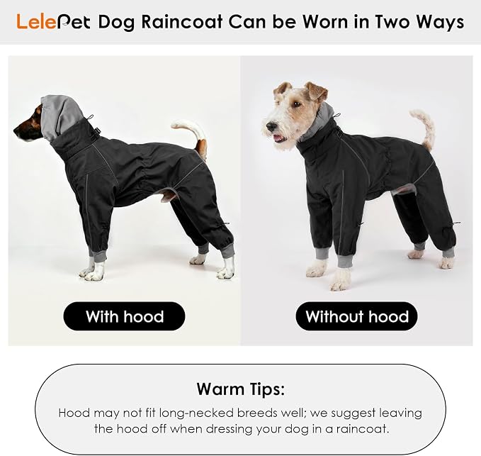 Lelepet Waterproof Dog Raincoat, Hooded Dog Rain Jacket for Large Dogs | Adjustable Full-Body Dog Rain Coat, Built-in Collar and D-ring, Snowproof & Windproof Rain Jacket, Reflective Stripe