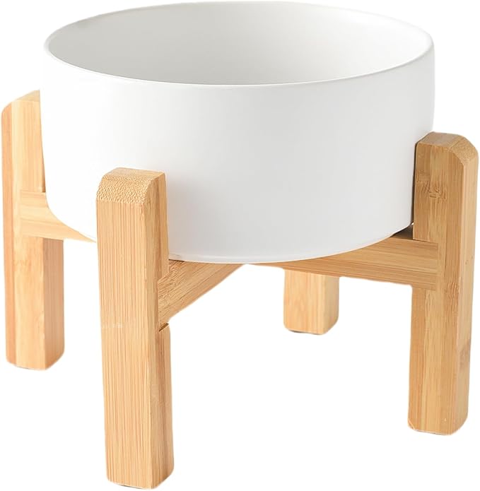 6'' Ceramic Raised Dog Bowl - 30Oz Dog Food & Water Bowl with Elevated Non-Slip Bamboo Stand, Dishwasher & Microwave Safe, Anti Vomiting Heavy Duty Pet Bowl for Small and Medium Dogs, White