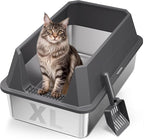 Stainless Steel Litter Box with High Sides, XL | High Sided Cat Litter Pan, Open Top Extra Large Metal Cat Litter Box, Non-Stick, Odor Free, Leakproof, Scoop Included, Gray