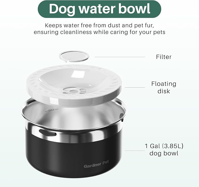 Gardner Pet Slow Water Bowl for Dogs – No Spill, Anti-Splash Floating Plate Design, Slows Drinking to Reduce Mess, Keeps Water Clean & Floors Dry, 3.8L(Black)