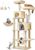 Taoqimiao Cat Tree, 66.2 in Tall Cat Tower with 2 Plush Cat Condos | 7 Scratching Posts, 2 Top Perches, Cozy Hammock & Basket, Indoor Cats, 2 Pompoms & Mouse Toy, Beige, MS013M