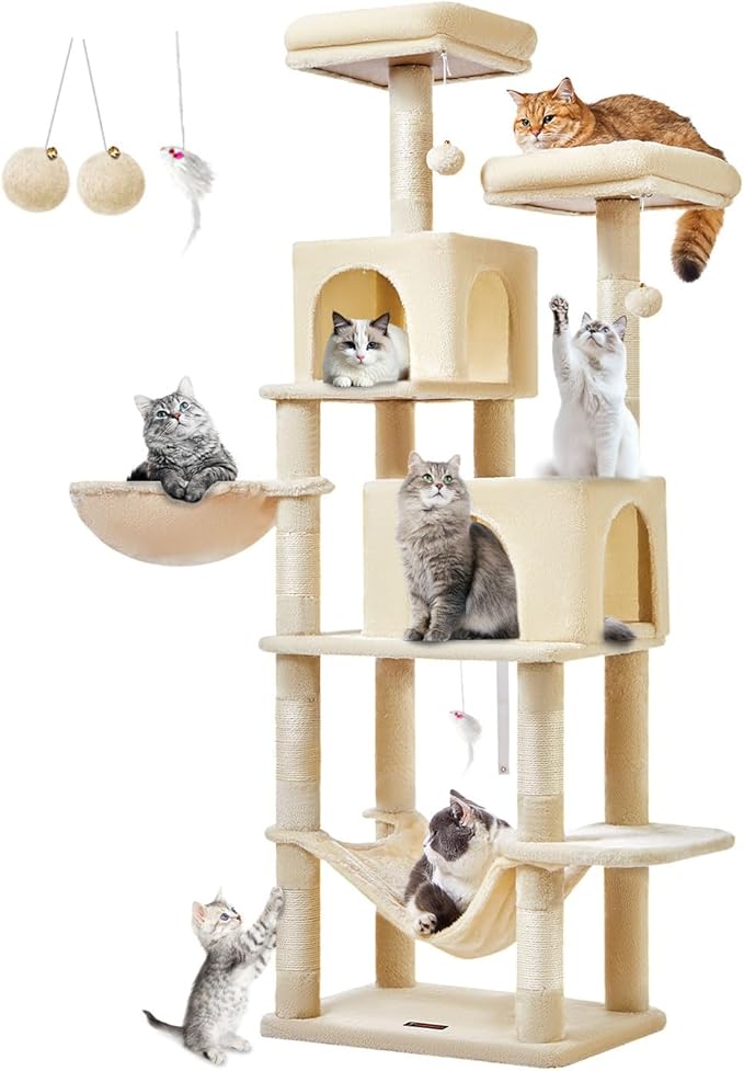 Taoqimiao Cat Tree, 66.2 in Tall Cat Tower with 2 Plush Cat Condos | 7 Scratching Posts, 2 Top Perches, Cozy Hammock & Basket, Indoor Cats, 2 Pompoms & Mouse Toy, Beige, MS013M