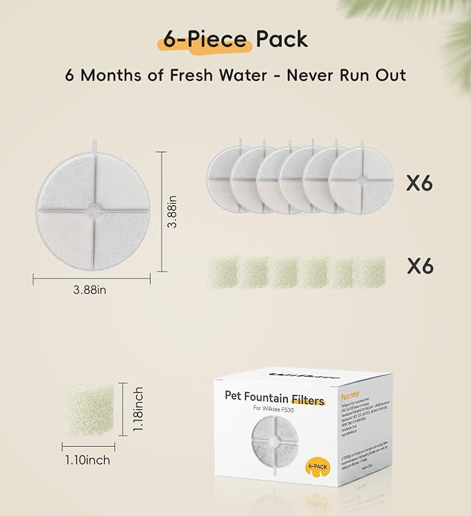 6 Pack Filters Replacement Filter for FS30 Cat Fountain, 6 Layer Filter | Suitable for FS30, Replace every 1-2 weeks, Fresher Water