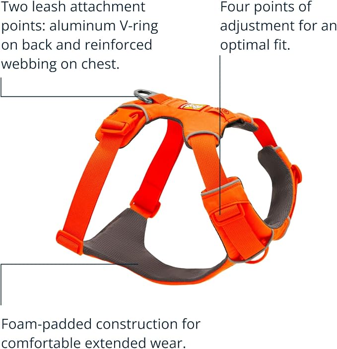 Ruffwear, Front Range Dog Harness, Reflective Soft Padded Everyday Harness with Dual Leash Clips, Adjustable and Lightweight Fit for Training or Walking for All Dogs, Blaze Orange, Medium