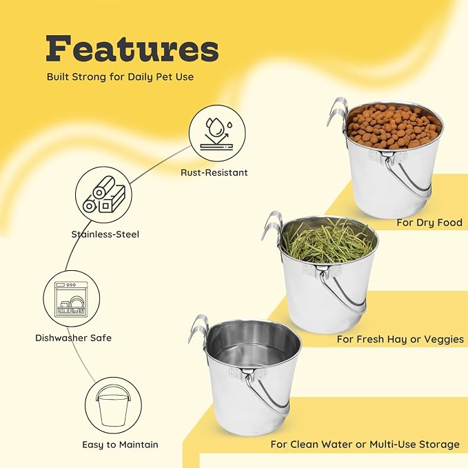 6 Quart Stainless Steel Flat Sided Bucket with Dual Hooks | 2 Pcs Food & Water Bowl for XL Dog Goat Cattle Horse & Livestock | Fits kennel Crate Cages Farm Hanging Pet Pail | Multipurpose