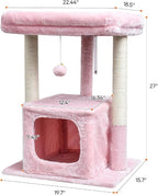 SYANDLVY Pink Cat Tree for Indoor Cats Large Adult, 27" Activity Tower | Scratching Posts, Modern House with Padded Perch, Kittens Condo, Cat Cave, Pink