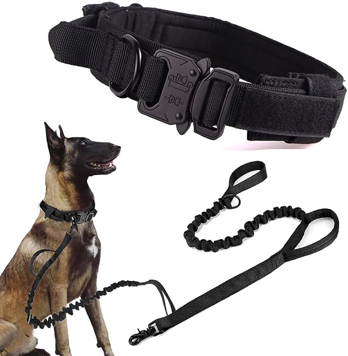 Tactical Dog Collar and Leash Set Adjustable Military Nylon Dog Collar with Control Handle and Heavy Duty Metal Buckle for Large Dogs （Black L | 1000D Heavy-Duty Nylon Fabric,Quick-Release Metal Buckle,Adjustable Fit,Soft-Padded Webbing,D-Ring,for Trai...