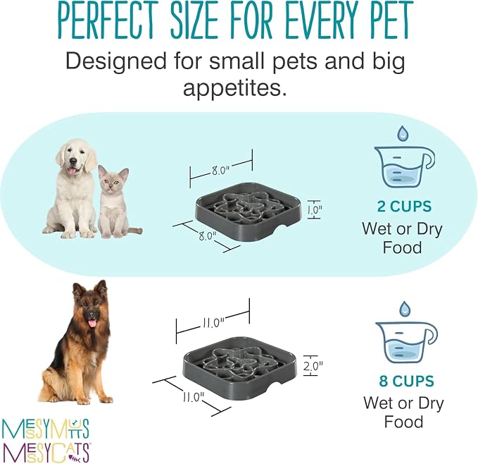 Messy Mutts Square Slow Feeder, 8 Inch, 2 Cup, Cool Grey | 8 x 8 Inch Square Silicone Puzzle Slow Feeder For Dogs And Cats, Holds 2 Cups, Dishwasher Safe