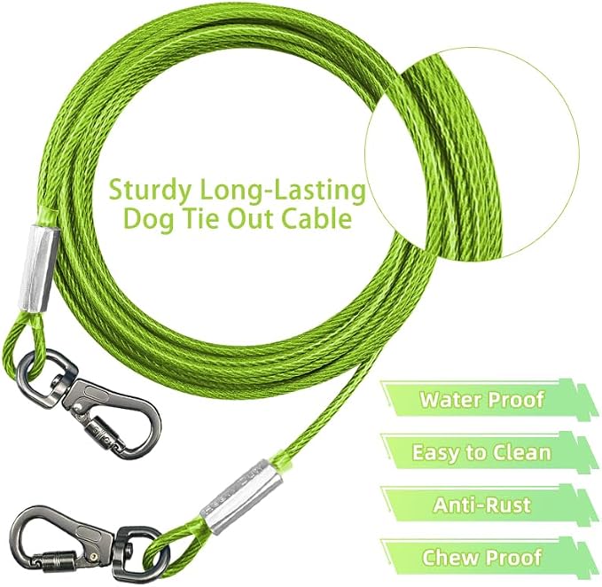Dog Tie Out Cable - Chew Proof Steel Wire Lead - 360° Tangle Free Outdoor Leash for Pups - Dog Runner Cable for Small to Medium Dogs (Green, 45lbs/50ft)