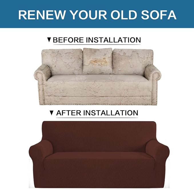 H.VERSAILTEX Stretch Couch Cover Loveseat Covers for 2 Cushion Couch Sofa Slipcover for Love Seat 1 Piece with Elastic Bottom, Checked Jacquard Fabric(Loveseat 58"-70" Wide, Burnt Brick)