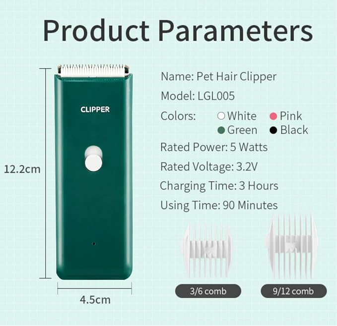 Handy Pet Hair Trimmers Recommended By The Vet,Super Quiet Long Lasting Powerful Dog Clippers(Waterproof USB Rechargeable Grooming Shavers for Dogs and Cats with Matted Coats) Green