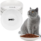 10 Ceramic Cat Feeding Bowls, 6 Inch Wide Shallow Plates for Dry/Wet Food | Reduces whisker contact; lead-free; holds water too; dishwasher safe; stable heavy design; for cats & small dogs