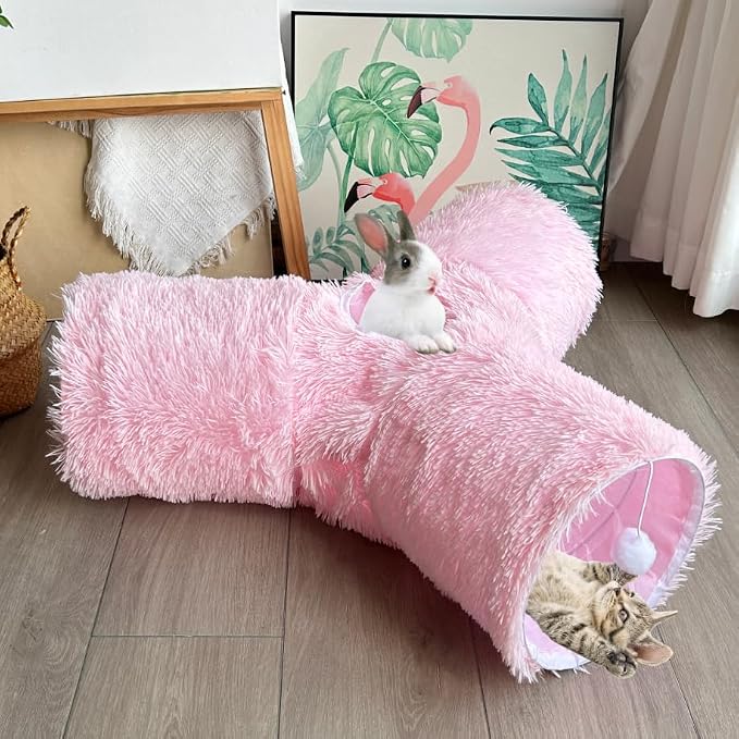 3-Way Collapsible Cat Tunnel Tube Toy Pink Plush | Interactive Play Tunnel with Hanging Ball & Peek Hole for Indoor Cats, Kittens, Puppies & Rabbits | Hours of Fun & Exercise