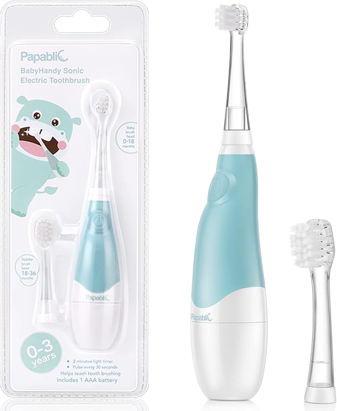 Papablic Baby Sonic Electric Toothbrush for Aged 0-3 Toddler, Blue | BabyHandy 2-Stage Toddler Electric Toothbrush for Babies and Toddlers Ages 0-3 Years