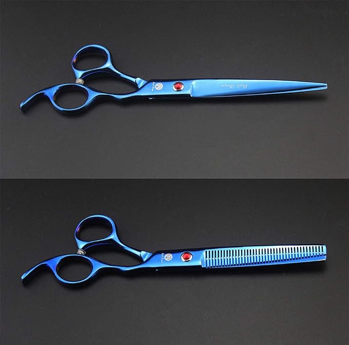 Purple Dragon 7.0 inch Dog Grooming Scissors Set with Silencer - Blue | 4PCS Pet Grooming Shears Kit, Includes Curved, Straight & Thinning Scissors with Smooth Cutting and Comfortable Grip