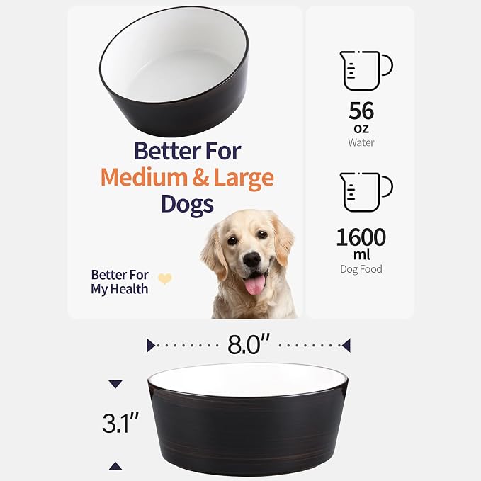 Black Elevated/Raised Dog Bowl Ceramic with Wood Stand for Medium Large Breed,Dog Food Water Dish Heavy Wighted,8 in Non Slip Modern Cute Porcelain Pet Bowl Extra Large Wide