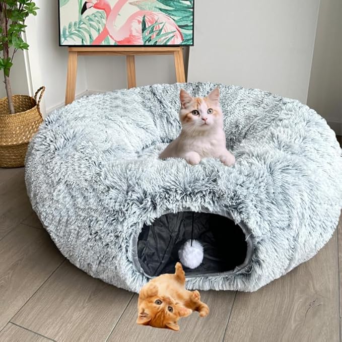 Cat Bed Tunnel Tube Toy Grey Plush | Collapsible Round Tunnels for Indoor Cats, Interactive Toys Play Tubes with Hanging Ball for Kitten, Puppy, Rabbit