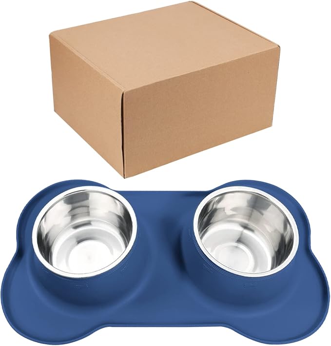 AsFrost Dog Food Bowls Stainless Steel Dog Food & Water Bowl Set with No Spill No Slip Silicone Mat, Dog Dishes for Small Medium Size Dogs Pet Cat Puppy Food Feeding Bowls, Blue, 24oz, 3 Cup