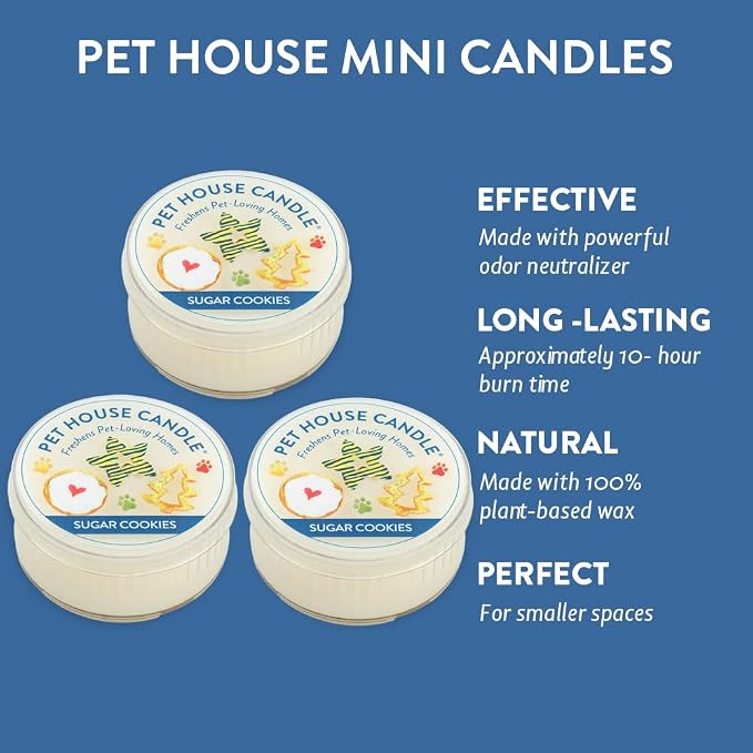 Pet House Mini Candles for Pet Odor Made with Natural Soy Wax, Plant Based, Dog and Cat Friendly Scented, Sugar Cookies Pack of 3