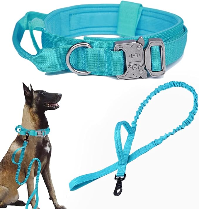Tactical Dog Collar and Leash Set for Large Dogs with Control Handle,Blue | 1000D Heavy-Duty Nylon Fabric,Quick-Release Metal Buckle,Adjustable Fit,Soft-Padded Webbing,D-Ring,for Training & Hiking,XL