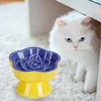 S&Q's CERAMICS Raised Slow Feeder Cat Bowl, Ceramic Elevated and Titled Pet Food Bowl, Small Dogs Slow Feeder, Flower Shaped Dish for Dry and Wet Food (Blue, 5.8")