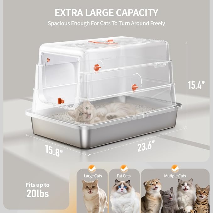 Stainless Steel Cat Litter Box with Lid, Enclosed Extra Large Metal | Litter Pan for Big Cats, Full Flip Cover High Sided Litter Box Include Scoop, Easy Cleaning, Non-Stick, White