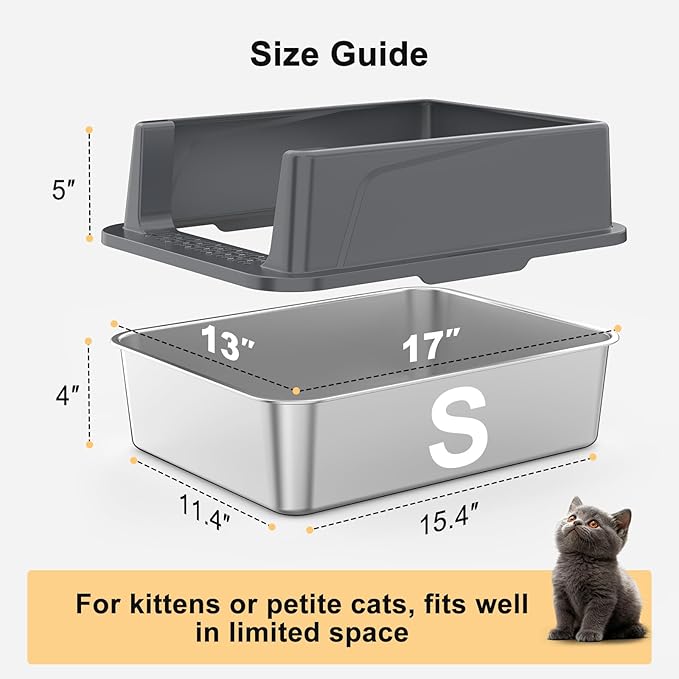 FURTIME Stainless Steel Cat Litter Box, Small Cats Metal Litter Box | High-Sided Open-Top Easy-Clean Litter Pan, Non-Stick, Anti-Leakage, Odor-Free, Comes with Scoop & Mat, 17"×13"×8.4"