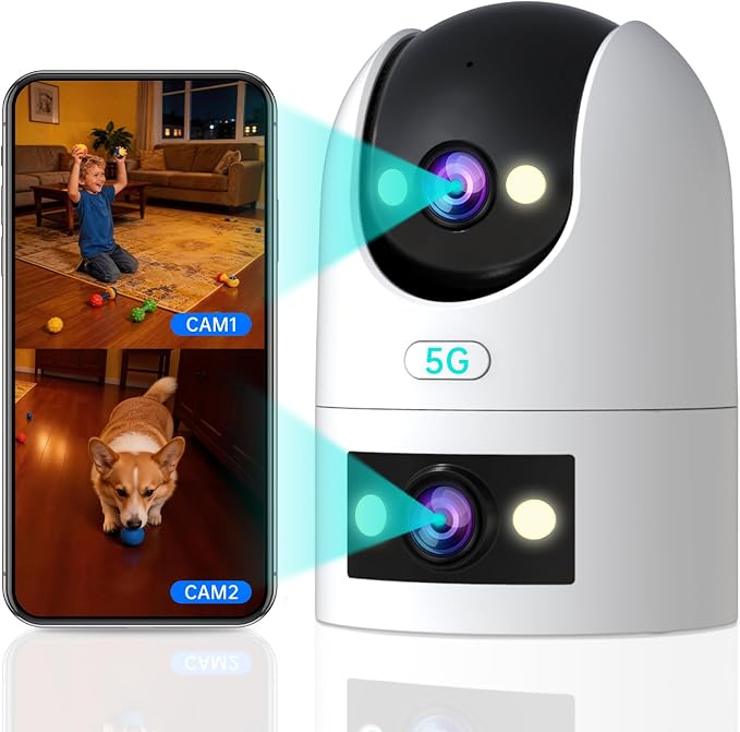 JOOAN 2K Dual Lens Indoor Outdoor Security Camera, 5GHz/2.4GHz WiFi, PTZ Auto Tracking, Motion Detection, 2-Way Audio, IP66 Waterproof, for Baby/Dog/Cat/Elderly, Multi-User Shared
