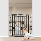 29.53"-33.85" Mornyray Auto-Close Baby Gate Extra Wide, Pressure Mounted Dog & Pet Gate for Stairs Doorways, No Drill Safety Barrier with Lace Design, Metal Child Proof Gate Indoor Outdoor, Black