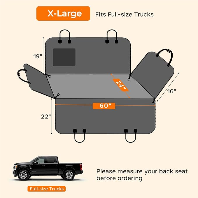 URPOWER XL Dog Seat Cover for Full-Size Truck Back Seat, Waterproof Hammock | 600D Oxford, Side Flaps with Zippers, Scratch Resistant, Non-Slip, Easy Install, Machine Washable, Dog Seat Belt Included