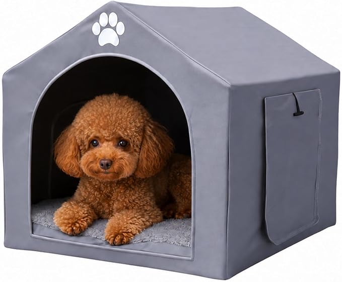 Dog House Indoor for Medium Dogs, 25 x 25 x 28 Inch Dog Tent with Reversible Cushion, Washable Foldable Pet House with Sturdy PVC Frame, Non-Slip Bottom & Roof Cover for 15-45 lbs Dogs and Cats, Gray