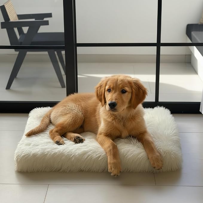 Faux Fur Orthopedic Rectangular Dog Bed, Memory Foam, White Medium 35"x23" | Plush Sheepskin Style Furry Rug, Calming for Senior and Large Dogs, Washable Waterproof Cover, Fits Crates and Floors
