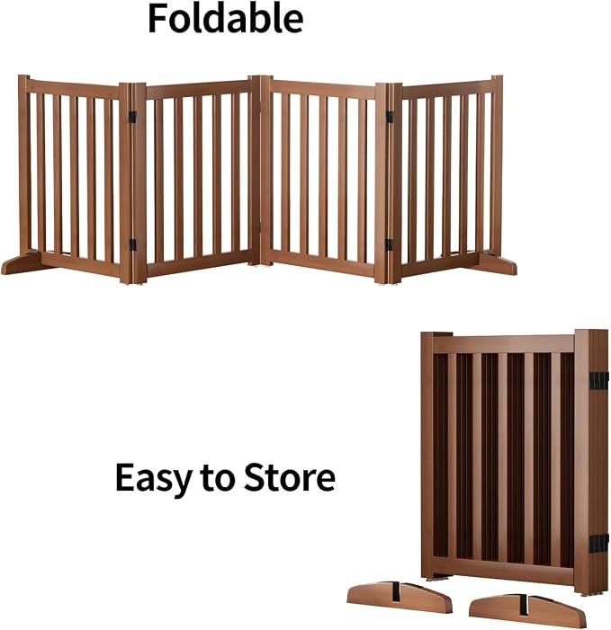 Wooden Freestanding Foldable Dog Gate, 24 Inch Height 4 Panel Pet Gate No Drill for Doorways Stairs, Fully Assembled Indoor Puppy Fence (Teak Color, 80" W x 24" H)