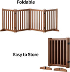 Wooden Freestanding Foldable Dog Gate, 24 Inch Height 4 Panel Pet Gate No Drill for Doorways Stairs, Fully Assembled Indoor Puppy Fence (Teak Color, 80" W x 24" H)