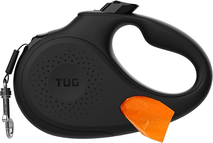 TUG Oval 360° Tangle-Free Retractable Dog Leash with Integrated Waste Bag Dispenser (Small, Black)