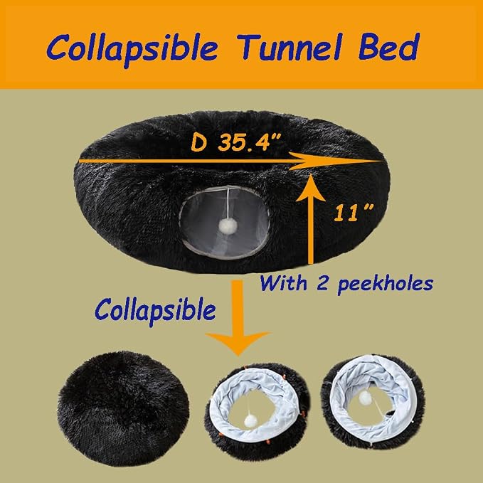 Cat Bed Tunnel Tube Toy Black Plush | Round, Collapsible Pet Tunnels for Indoor Cats, Interactive Toys Play Tubes with Hanging Ball for Kitten, Puppy, Rabbit