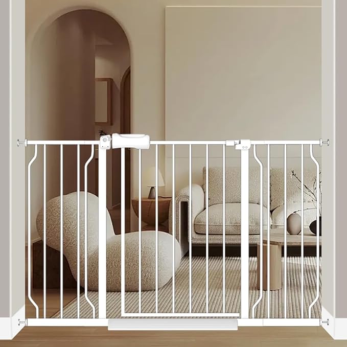 Fairy Baby 48-53 Inch Extra Wide Baby Gates Auto Close Child Safety Gates | Metal Banister for Stairs Doorways Hallway, Indoor Walk Through Pressure Mounted Pet Gates for Kids Pets, Double-Lock, White